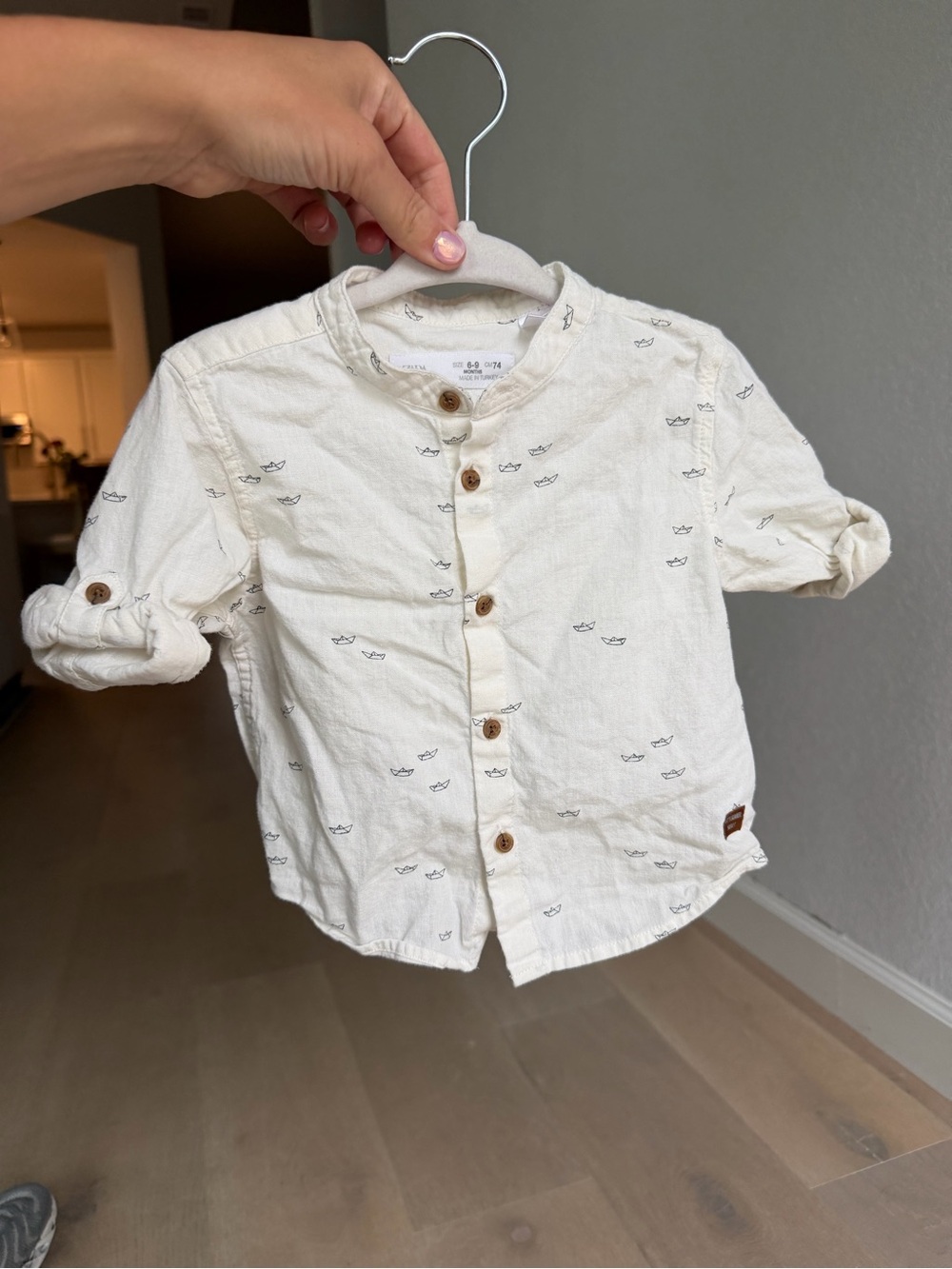 Zara Ivory Button-Front Kids Shirt with Subtle Boat Print